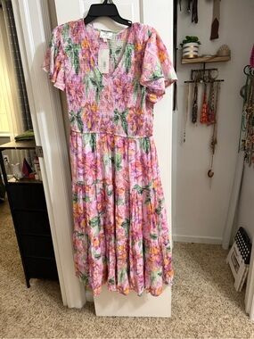 Pink Floral Tiered Maxi Dress with Smocked Bodice